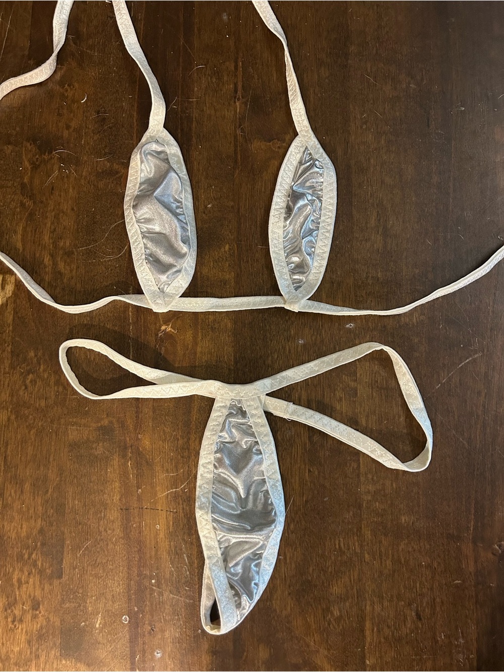 NWOT Sexy Skimpy Handmade White w/ Silver Lame Teardrop Top & Thong Bikini Set - Picture 2 of 6